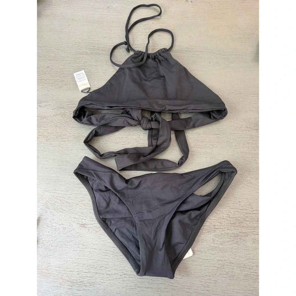L*Space Black Bikini Set High Neck Wrap Top Sandy Full Bottom XS LSSNF20